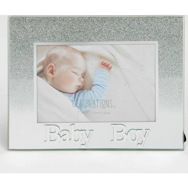 Celebrations Baby Boy Silver Glitter Glass Frames | Standing Strut | Mirror Fini