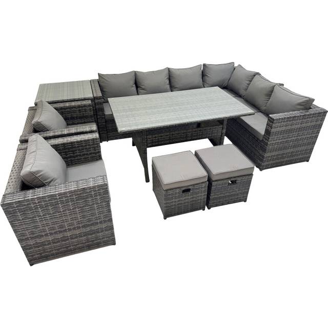 Fimous Rattan Garden Furniture Set Outdoor 10 Seater Patio Dining Corner Sofa Sets with Dining Table 2 Chairs 2 Small Stools Side Table Dark Grey