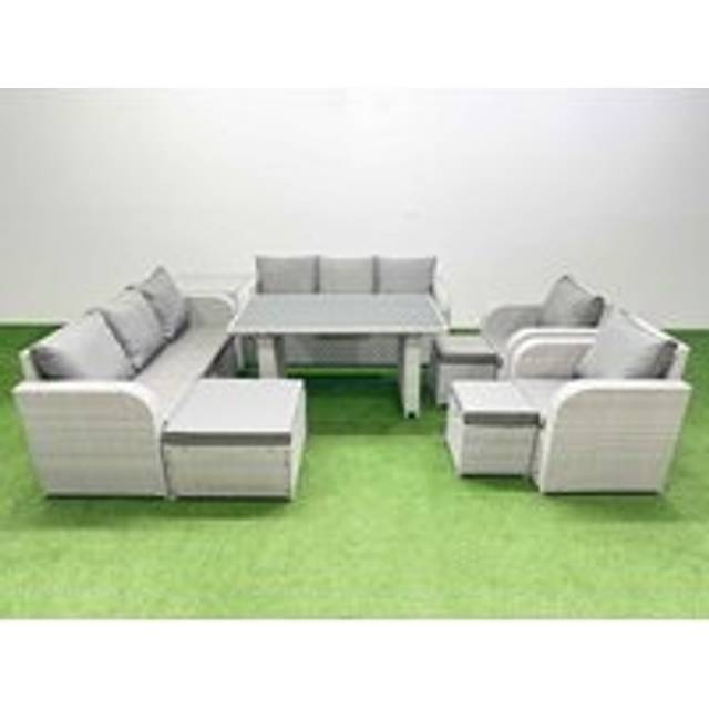 11 Seater Wicker pe Rattan Furniture Outdoor Dining Table 3 Seater Sofa Reclining Chair Set with Side Table 3 Stools Light Grey - Fimous