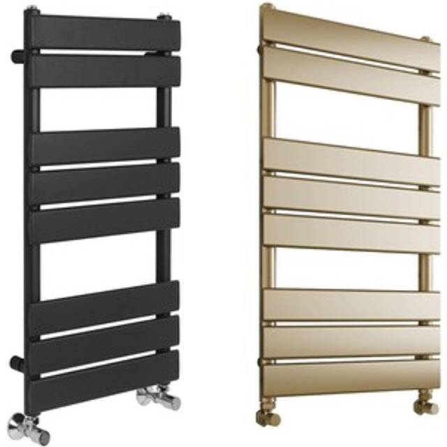 (Black, 500mm W x 1200mm H) Richmond Heated Towel Rail Black / Brushed Brass Flat Panel Bathroom Towel Radiator