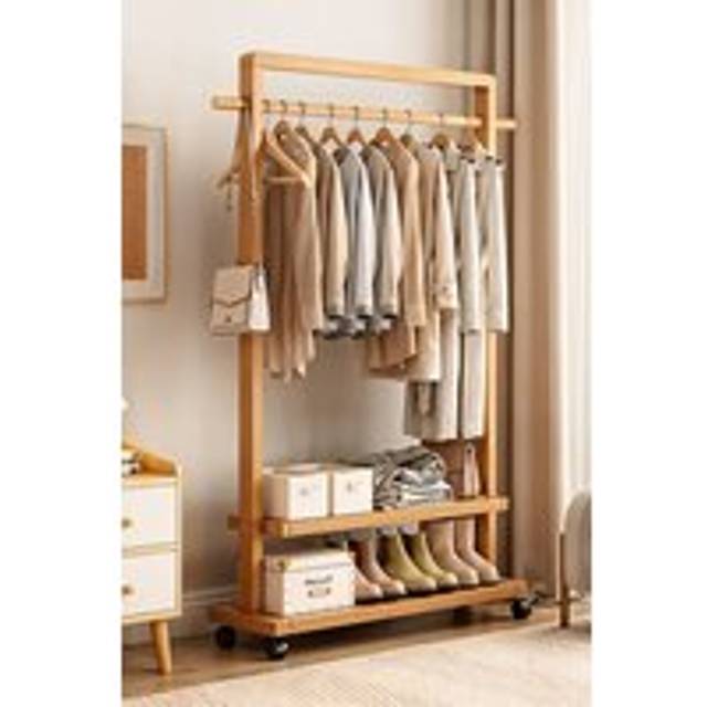 Bamboo Rolling Clothes Garment Rack with 2-tier Shelves , Wheels - Natural - One Size