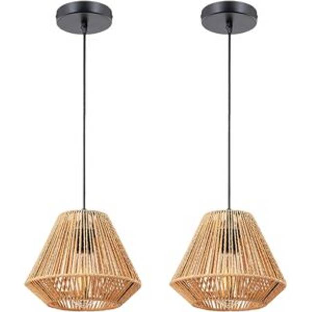2PCS Hemp Rope Woven Ceiling Light Retro Pendant Light Indoor Chandelier E27, Metal Cage Lampshade
