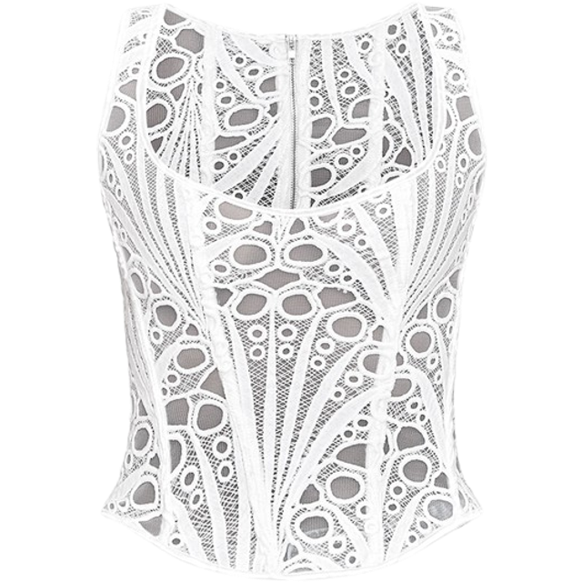 White Textured Sheer Floral Square Neck Corset, White - 14