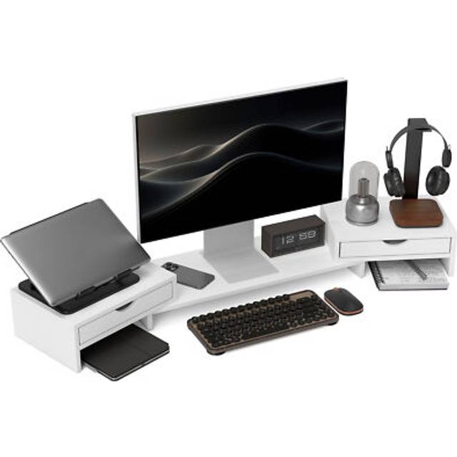 HOMCOM HOMCOM Dual Monitor Stand Riser With 2 Drawers, Adjustable Length And Angle, 116cm Monitor Riser For Laptop, Computer, PC, Small Printer, White