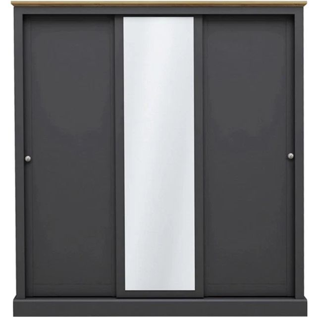 LPD Devon Charcoal and Oak Sliding Door Mirrored Large Triple Wardrobe