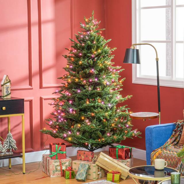 Homcom 1.8m/6ft Artificial Christmas Tree With 300 Multicoloured Led Lights, 8 Modes And Remote, Hinged Pre Lit Xmas Tree With Metal Stand For Party D