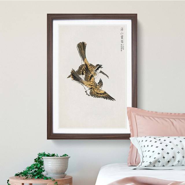 Yellow-Throated Bunting Birds by Numata Kashu - Picture Frame Painting Print - Walnut (60cm H x 40cm W x 2cm D)