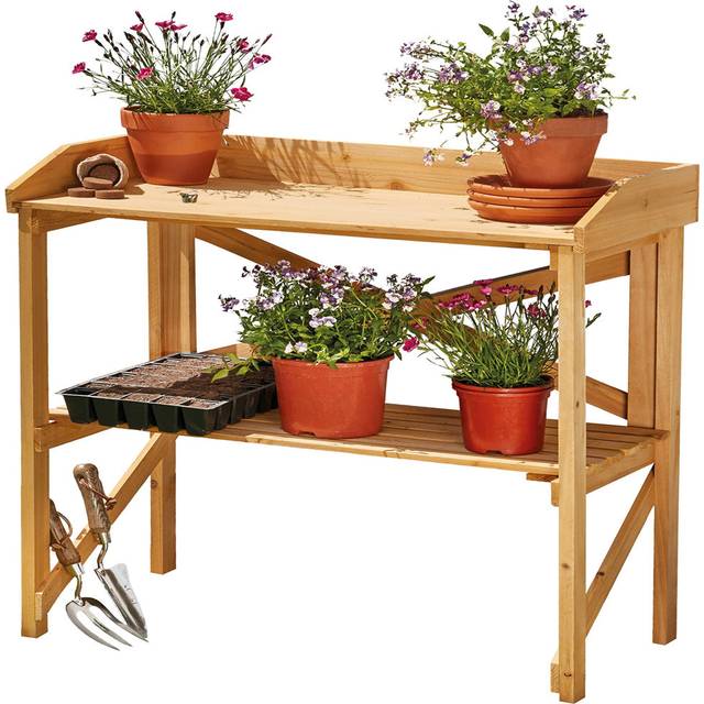 Two-Tier Wooden Potting Bench, Greenhouse Workstation & Staging - Brown (84.5cm H X 80cm W X 40cm D)