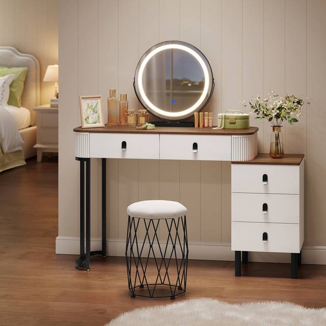Dressing Table With Led Lights Mirror And Stool, 3-Colour Dimmable, Vanity Desk, Makeup Desk With 5 Drawers, Flexible Assembly, Bedroom Dresser With M - Brown;White (126cm H X 100cm W X 40cm D)