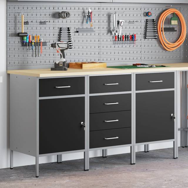 Set Of 3 Steel Medium Height-Adjustable Work Cabinet - Black (85cm H X 150cm W X 55cm D)