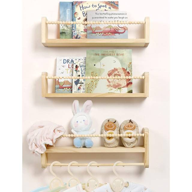 Natural Wood Nursery Floating Shelves Set of 3 with Towel Bar 23in Wall Mounted Organiser for Child's Room (15cm H x 40cm W x 10cm D)