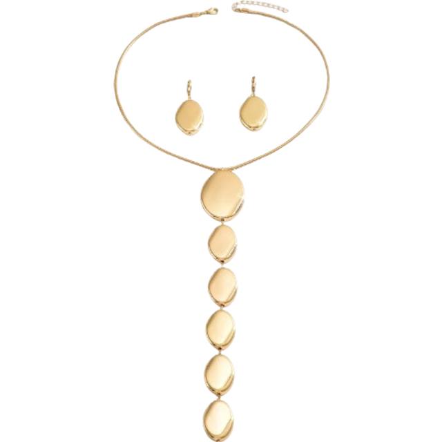 SHEIN 2pcs Gold Metallic Geometric Asymmetrical Ellipse Pendant Necklace & Earrings Set, Exaggerated Extra Long Chain Necklace, Personalized Fashion Jewelry