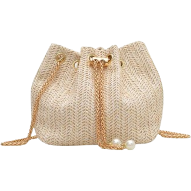SHEIN Women&#39;s Mini Fashion Versatile Straw Woven Bucket Bag With Gold Chain, Pearl Decor, Crossbody Bag Suitable For Beach, Outing, Shopping, Vacation