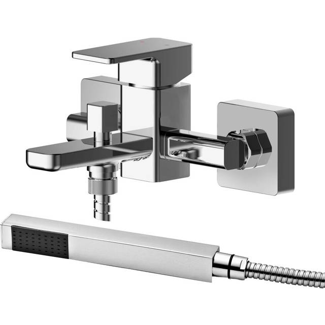 Wall Mounted Square Bath Shower Mixer Tap with Shower Kit - Chrome