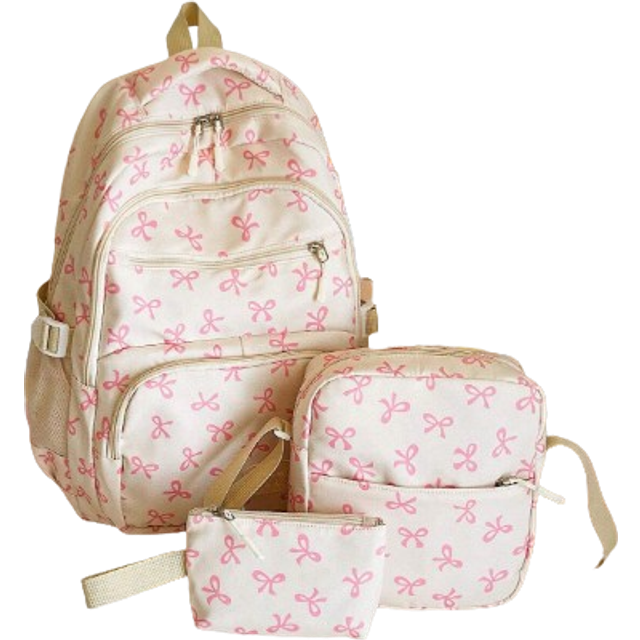 SHEIN 3pcs Nylon Bow Print Backpack Set, Foldable Multi-Pocket Large Capacity Water-Resistant Zipper Backpack Suitable For High School, College Students, La