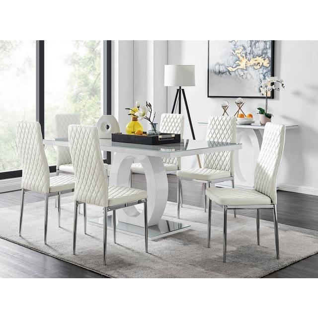 Giovani Grey White Modern Glass Dining Table With Six Milan Chairs Set - White