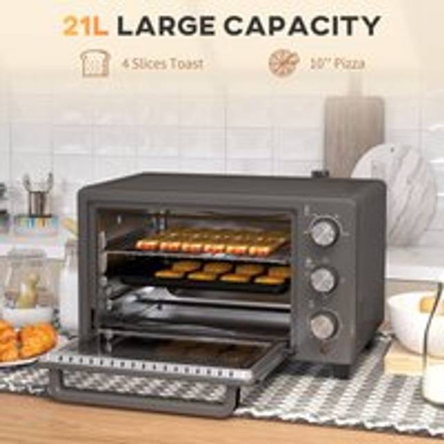 Homcom Mini Oven, 21l Countertop Electric Grill, Toaster Oven With Adjustable Temperature, Timer, Baking Tray And Wire Rack, 1400w, Grey