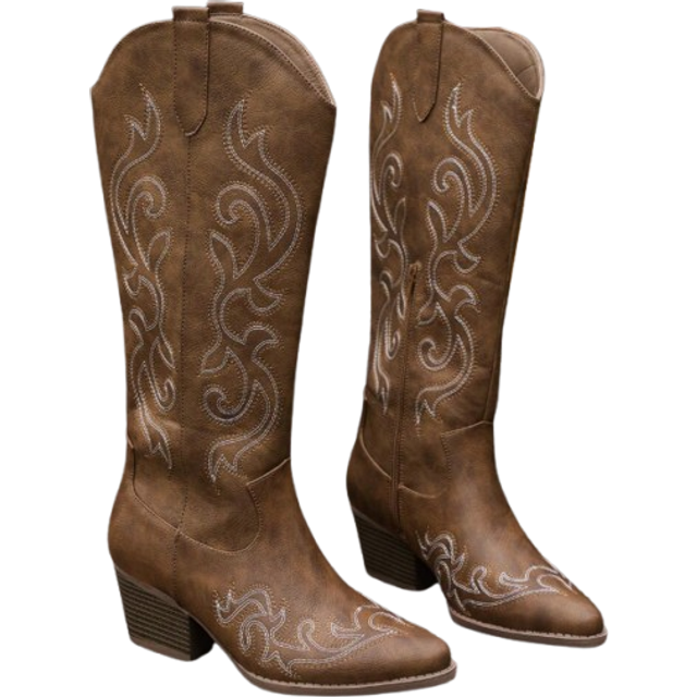 SHEIN Women&#39;s Fashion Solid Color Versatile Electric Embroidered Leather Side Zipper Wedge High Boots,