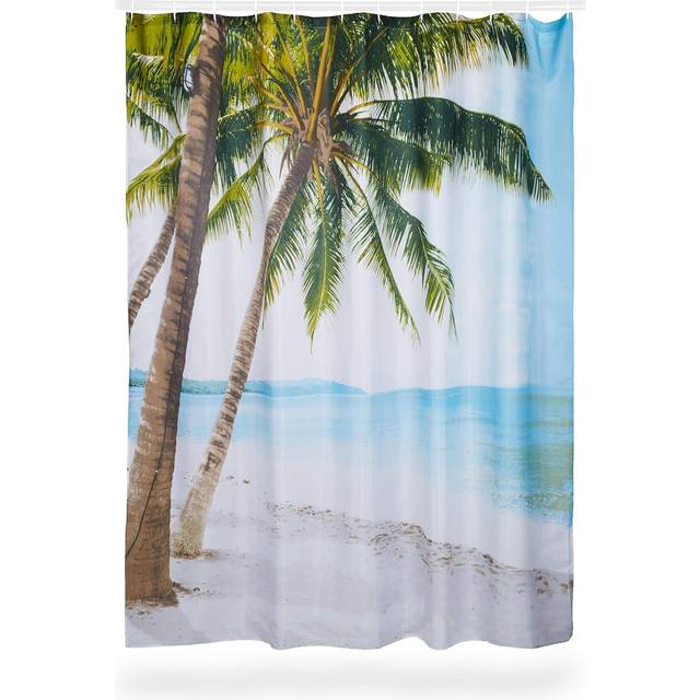Relaxdays Shower Curtain with Beach Motif, Polyester, Washable, Anti-Mould, Bathroom Curtain 180x180cm, Colourful
