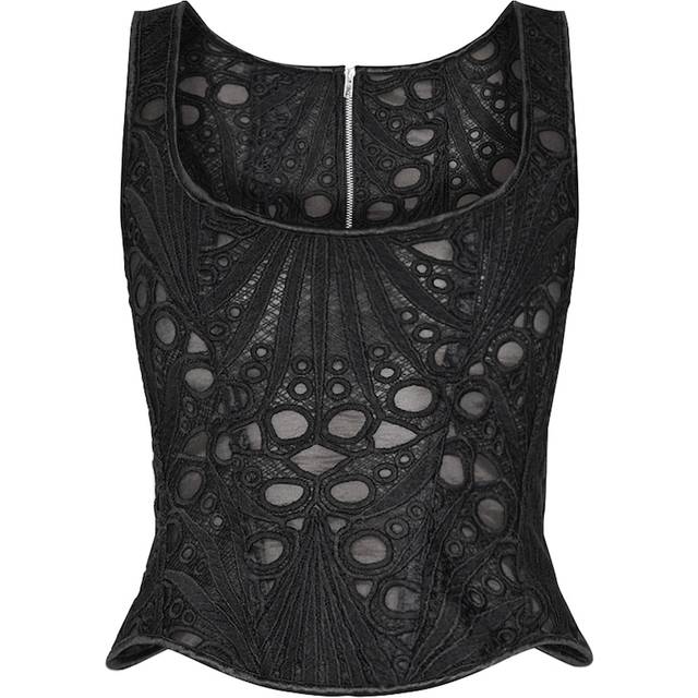 Black Textured Sheer Floral Square Neck Corset, Black - 10