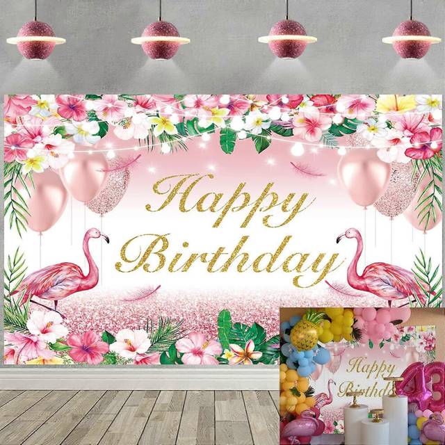 (As show, One size) Birthday Backdrop for Girls Pink Flowers Rose Gold Glitter Balloons Party Photography Backgrounds Woman Princess Baby Girl Birthda