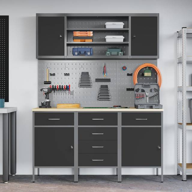 Set Of 5 Steel Large Height-Adjustable Work Cabinet - Black (200cm H X 150cm W X 55cm D)
