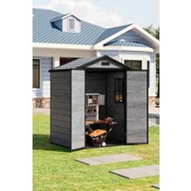 Living And Home 6 X 4.4Ft Outdoor Plastic Garden Tool Storage - Waterproof Apex Roof, Lockable Door,ventilation Window & Vents Wood Grain Effect (Grey) - One Size