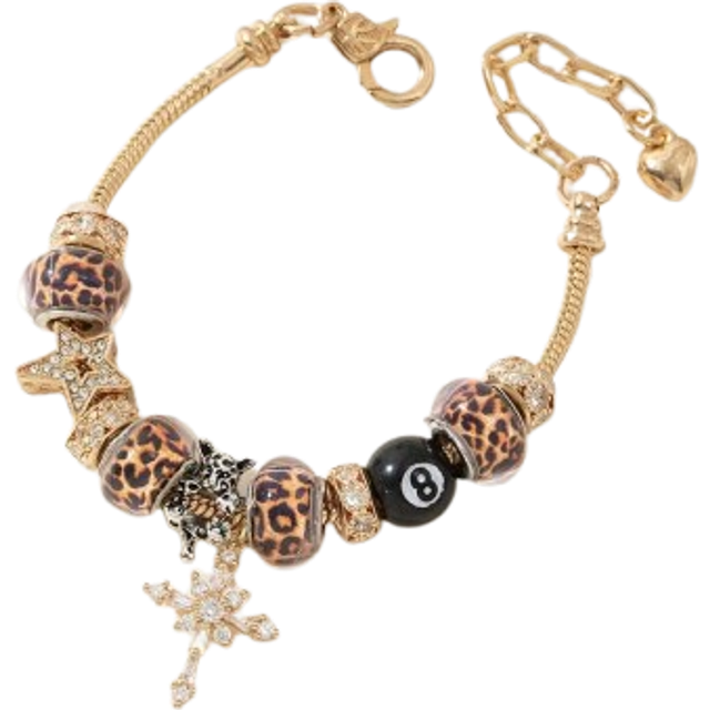 SHEIN 1pc Teenager DIY Beaded Bracelet With Copper Cross, Leopard Print Beads, And Black Tassels, Fashion Jewelry, Gift For Birthday