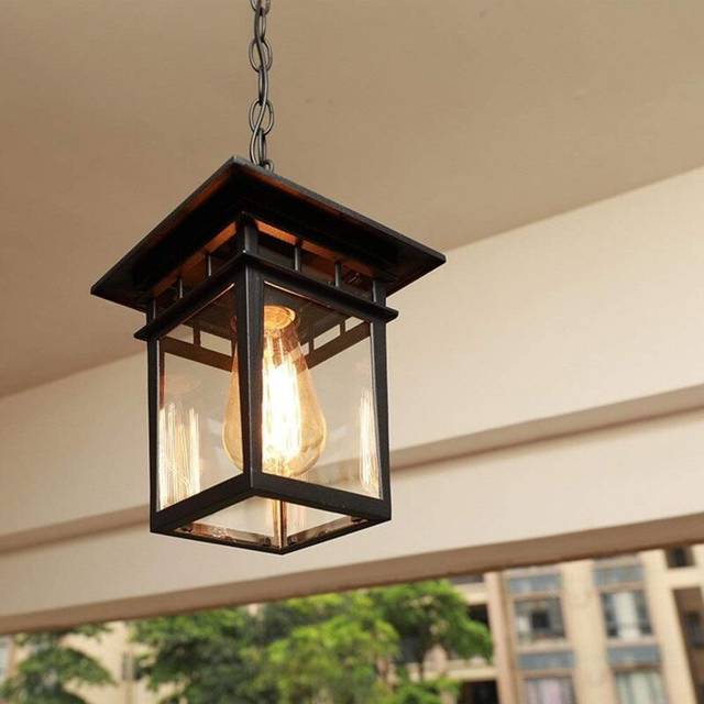 American Retro Industrial Outdoor Pendant Light Waterproof Lantern E27 Vintage Square Metal Pendant Lamp Garden Balcony Corridor Hallway Porch Lamp
