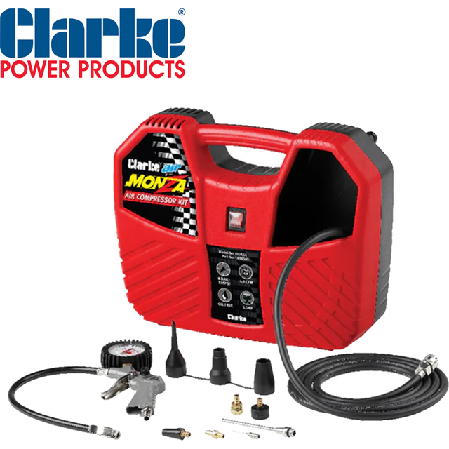 Clarke Portable Air Compressor Oil Free 1100w Tyre Inflator Monza 8 Bar 230v