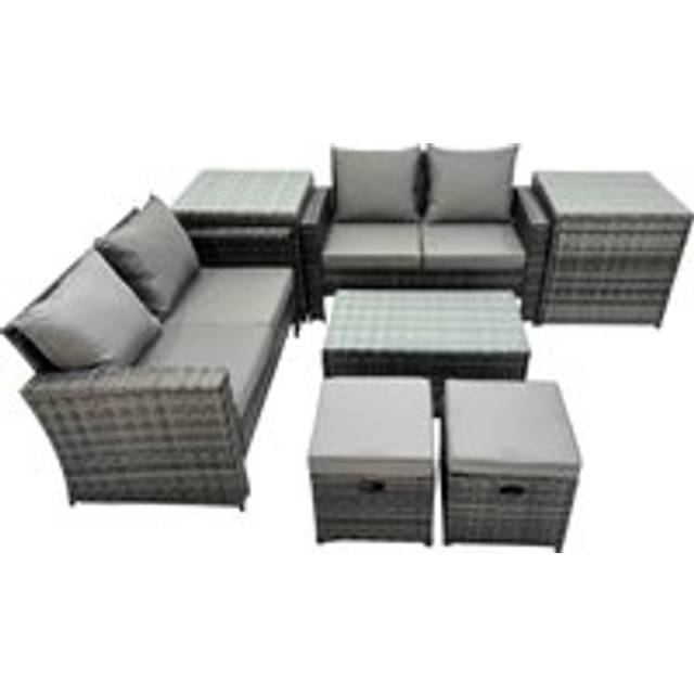 Pe Rattan Garden Furniture Set Lounge Double Seat Sofa Coffee Table Set with 2 Small Stools Dark Grey MixedMixed - Fimous