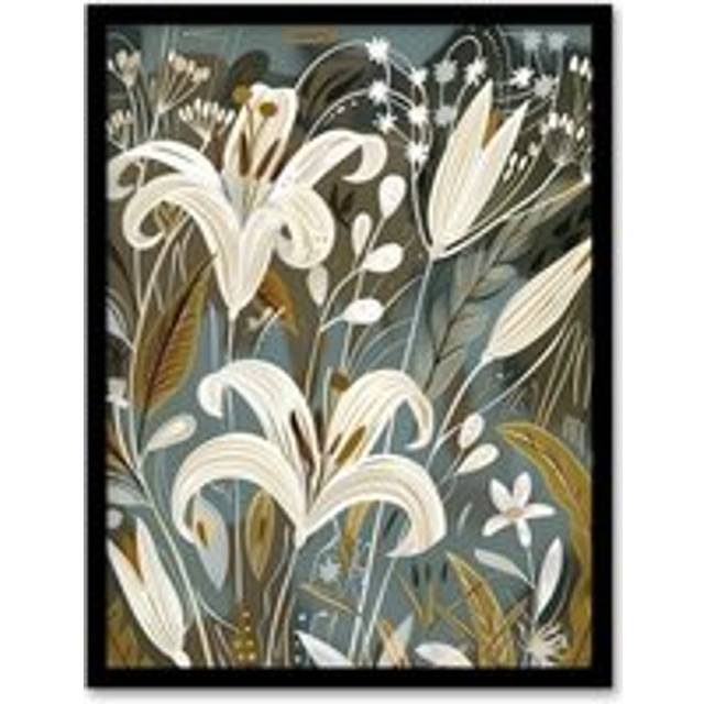 White Lilies Flower Blooms Floral Artwork Framed Art Print - Grey - W12 inch x H16 inch