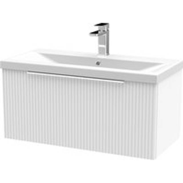 Fluted Front Wall Hung 1-Drawer Bathroom Vanity Unit with 1 Tap Hole Basin, 800mm, Satin White, Chrome Handles