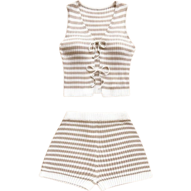 Soleia Women&#39;s Casual Summer Set, Striped Sleeveless Knit Top + Shorts Two Piece Short Set Knit Two Piece Set Ribbed Two Piece Set Striped Two Piece Set Summ