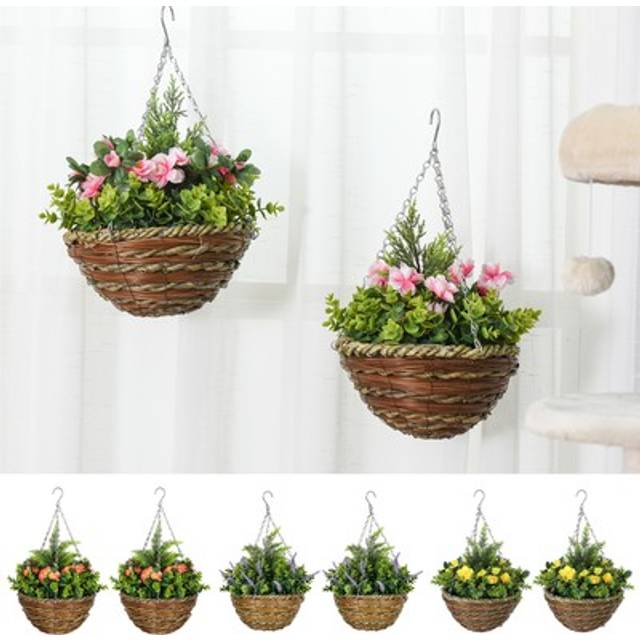 2 Pcs Artificial Lisianthus Flower Hanging Planter Basket Home Décor