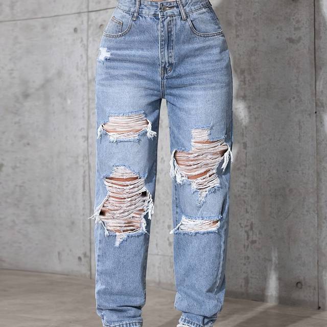 TEMU Women's Distressed Washed Denim Jeans - High-waisted, Ripped Knee-length, Light Blue, , For Casual Attire, High Waisted Jeans