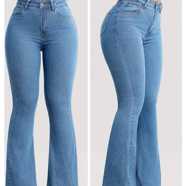 TEMU Women's High-waist Stretch Flare Jeans - Light Blue, Slim Fit, Button Closure, Casual Long-length Denim Pants For All , High Waisted Jeans, Comfortable Fashion, Durable Fabric