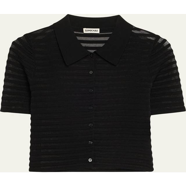 Larken Short-Sleeve Sheer Stripe Cardigan - BLACK - X-Small