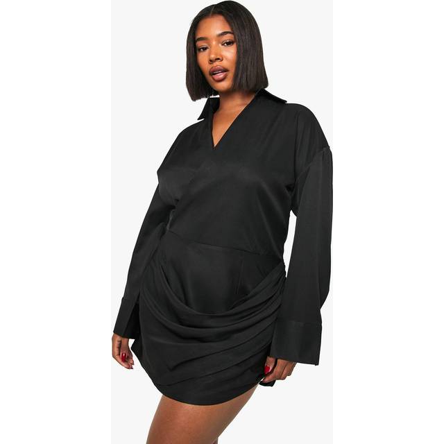 Womens Plus Wrap Shirt Dress - Black - 16