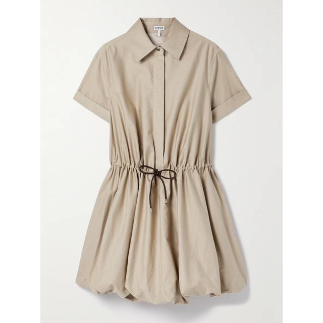 LOEWE - Leather-trimmed Gathered Cotton And Silk-blend Poplin Mini Shirt Dress - Beige - Neutrals - FR 42