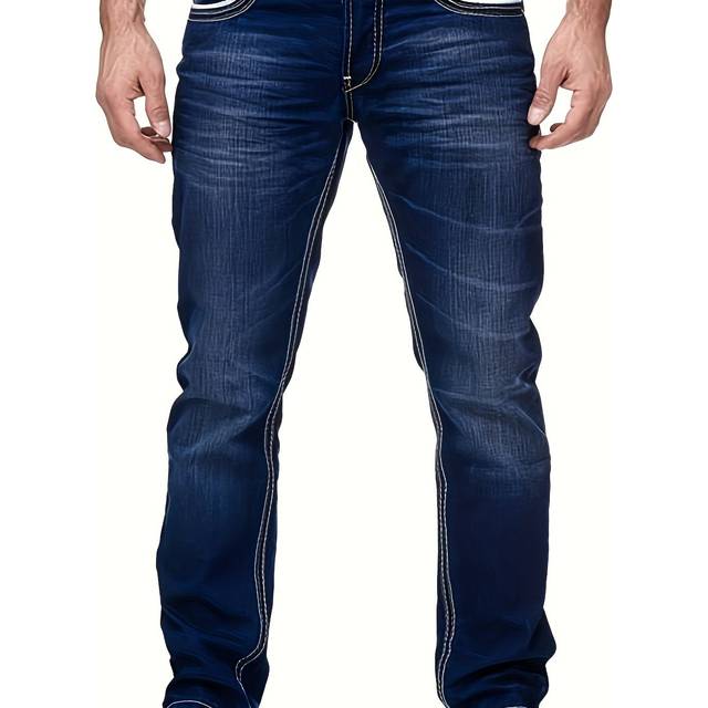 TEMU Men's Slim-fit Stretch Denim Jeans - High-quality, Washed Blue With White Stitching, Comfortable Casual Pants, High Waist Design, High Waisted Jeans, Comfortable Fashion, Durable Fabric