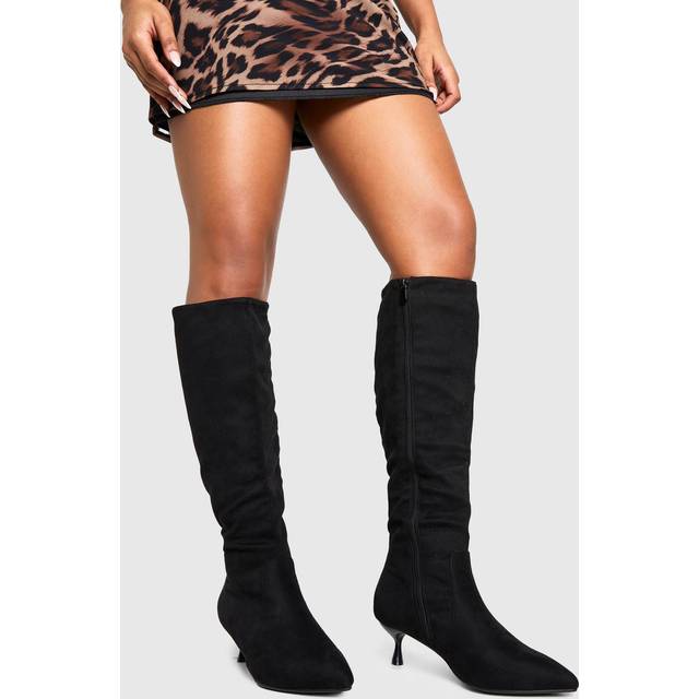 Womens Wide Fit Low Heel Pointed Toe Knee High Boots - Black - 3