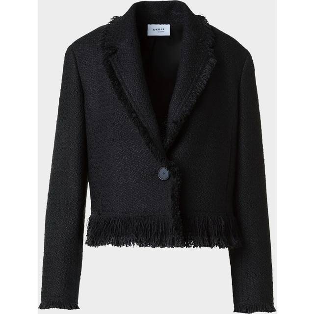 Fringed Boucle Tweed Crop Jacket - BLACK - 12