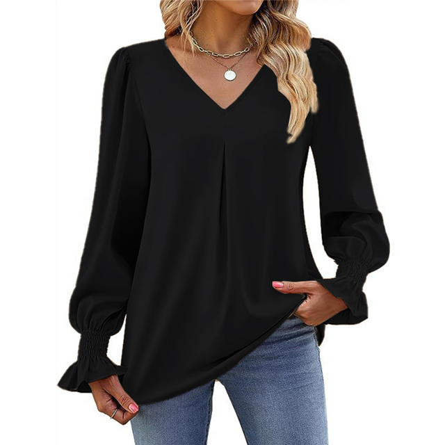 (M, Black) Women'S 2025 Long Sleeve Tops Dressy Casual V Neck Tunic Shirts Loose Chiffon Work Blouse Khaki S