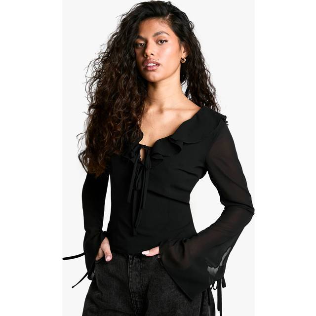 Womens Chiffon Ruffle Tie Front Blouse - Black - 12
