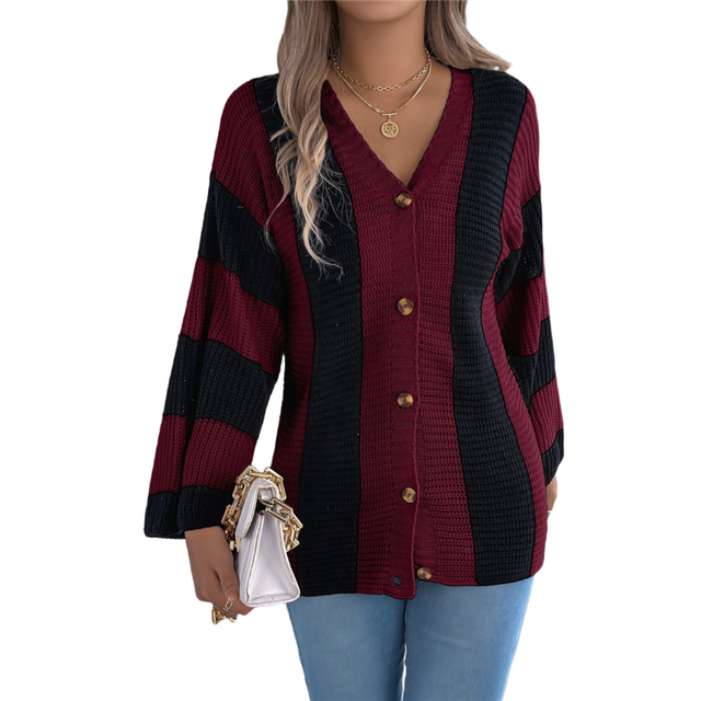 (M, Wine Red) Women'S Autumn and Winter Contrast Striped Trumpet Sleeve Cardigan Sweater Mid-Length Coat Khaki S