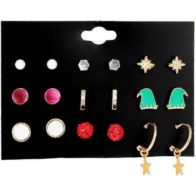 (As show, One size) 9 Pairs Hat Stars Round Alloy Simple Ear Studs Handmade Christmas Earrings