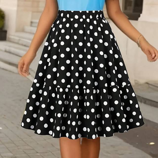 TEMU Women's Polka Dot A-line Skirt With Ruffle Hem - Casual High-waisted Midi Skirt In Black And White, Casual Attire Or