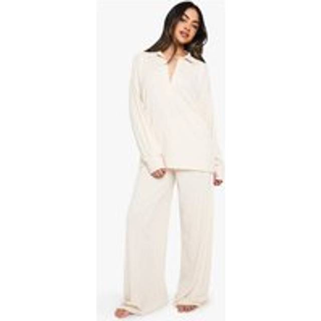 Womens Loungewear Soft Rib Collared Long Sleeve Top & Trousers Pyjama Set - White - 10, White