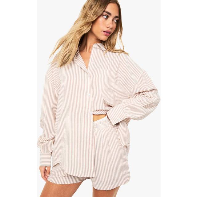 Womens Textured Stripe Contrast Waistband Shorts - Beige - 6